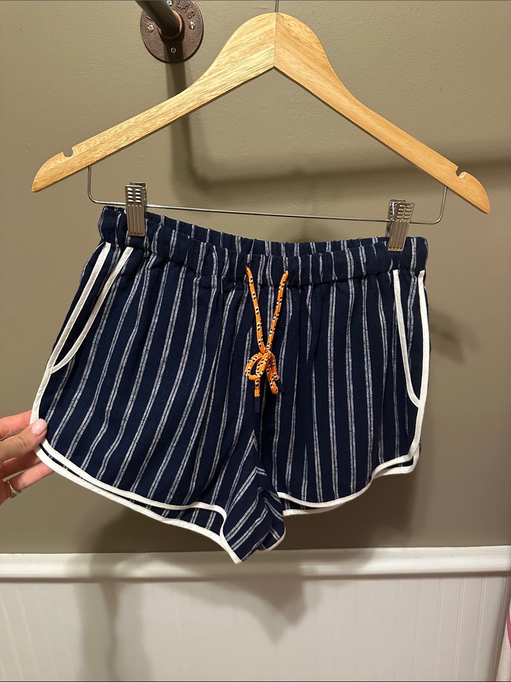 The Upside Navy Striped Linen Shorts with Orange Drawstring